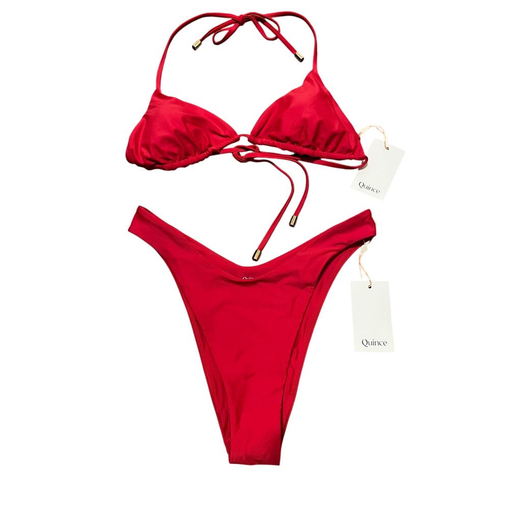 Quince Italian High Leg Bikini Bottom and Triangle Bikini Top Cherry Red Size S - Picture 1 of 6